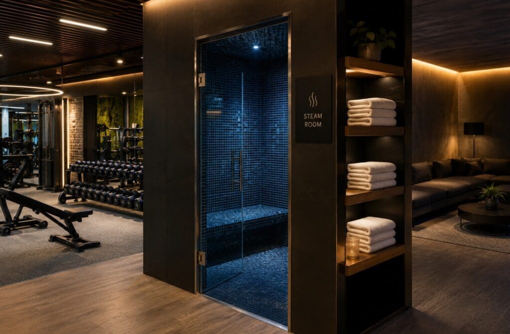 photograph of a contemporary gym, tiled steam-room doorway, folded towels, and a lounge with subdued lighting