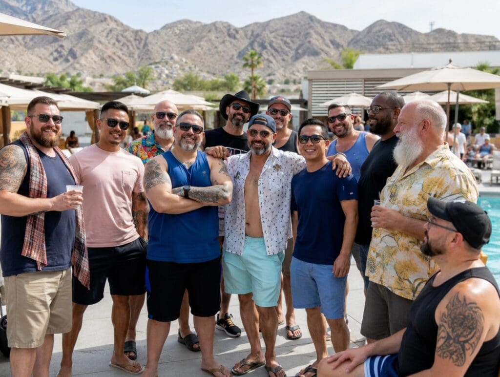 photograph of a diverse bear-community gathering beside a hotel pool, with shaded seating, casual resort wear, and the mountains in the background