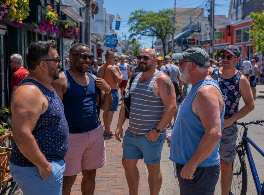 photograph of a diverse group of Bear Week visitors socializing on Commercial Street in daylight Princetown