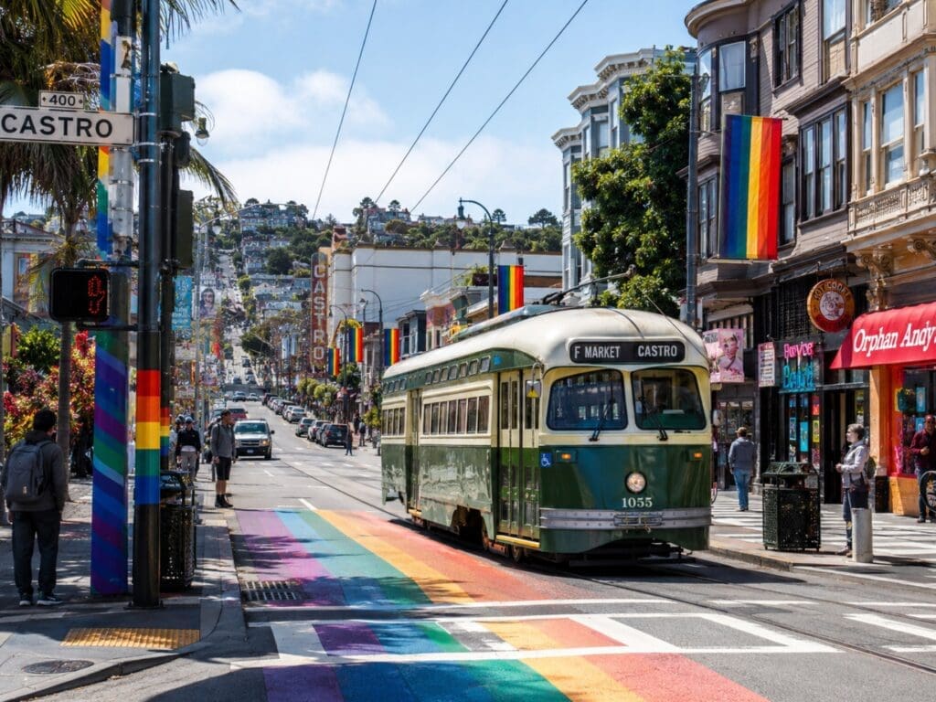photograph of a historic F Market streetcar passing the rainbow flags and crosswalks of the Castro