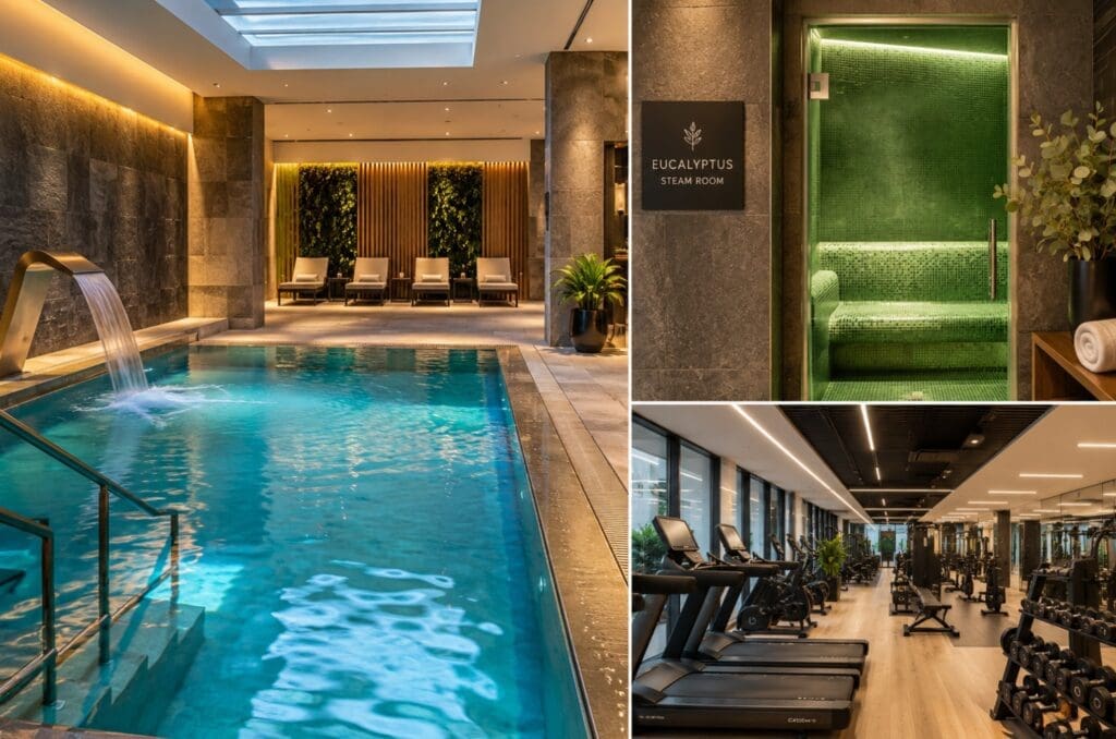 photograph of a modern indoor spa pool, eucalyptus steam room entrance, and well-lit fitness facility