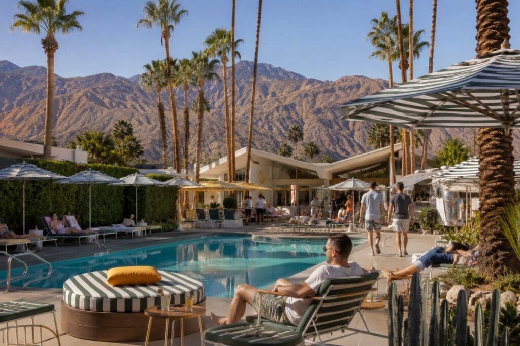 photograph of a shaded resort pool with midcentury architecture, umbrellas, mountain views, and guests relaxing in ordinary resort wear