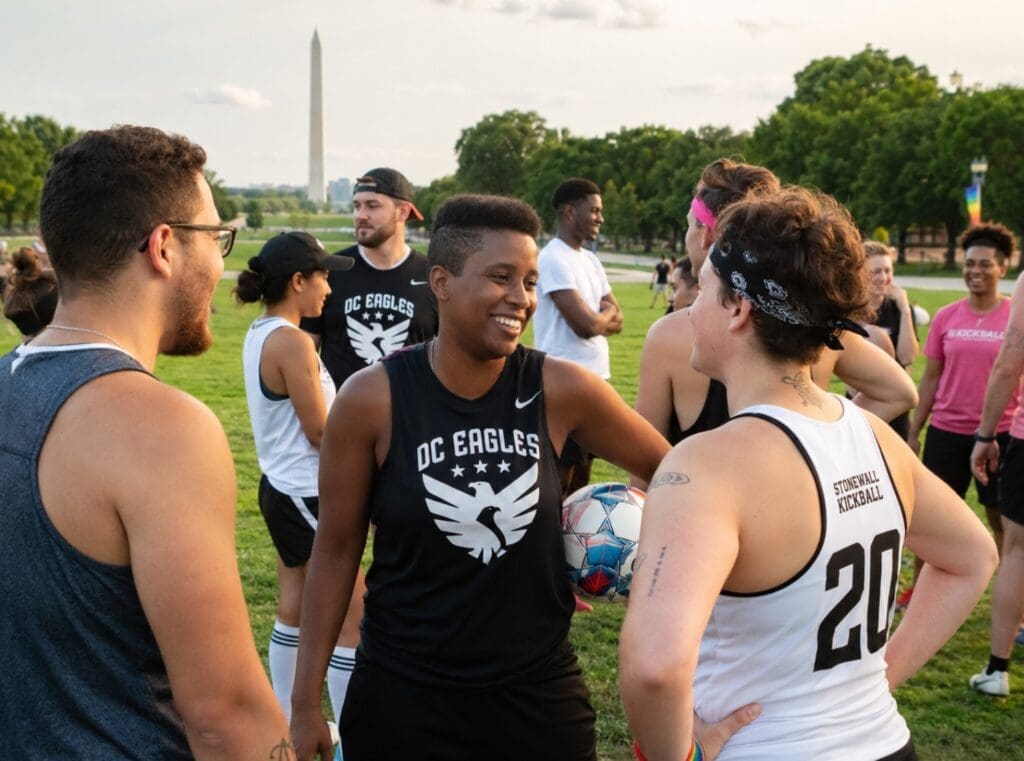 photograph of an LGBTQ+ recreational sports league gathering near the National Mall or in a neighborhood park