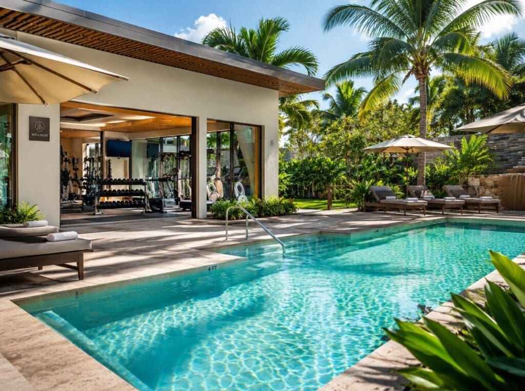 photograph of an outdoor heated pool, shaded loungers, tropical landscaping, and a modern fitness room