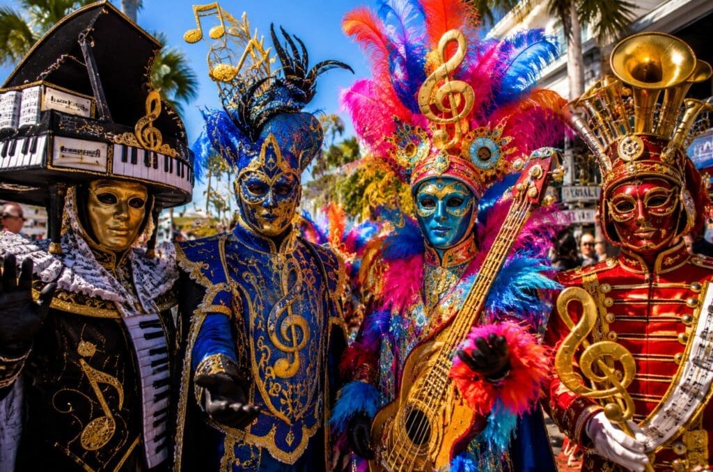 photograph of fully covered Fantasy Fest participants wearing elaborate musical-themed costumes, masks, feathers, and sculptural headpieces