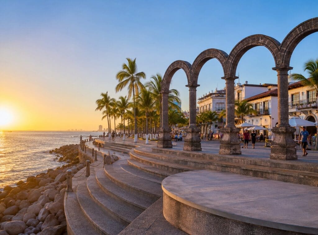 photograph of the Los Arcos amphitheater and Malecón during golden hour (Puerto Vallarta)