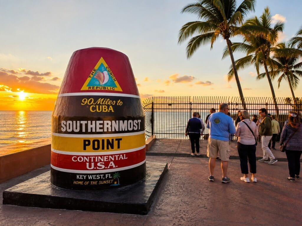 photograph of the Southernmost Point buoy at sunrise, with palms and a small group of fully dressed visitors