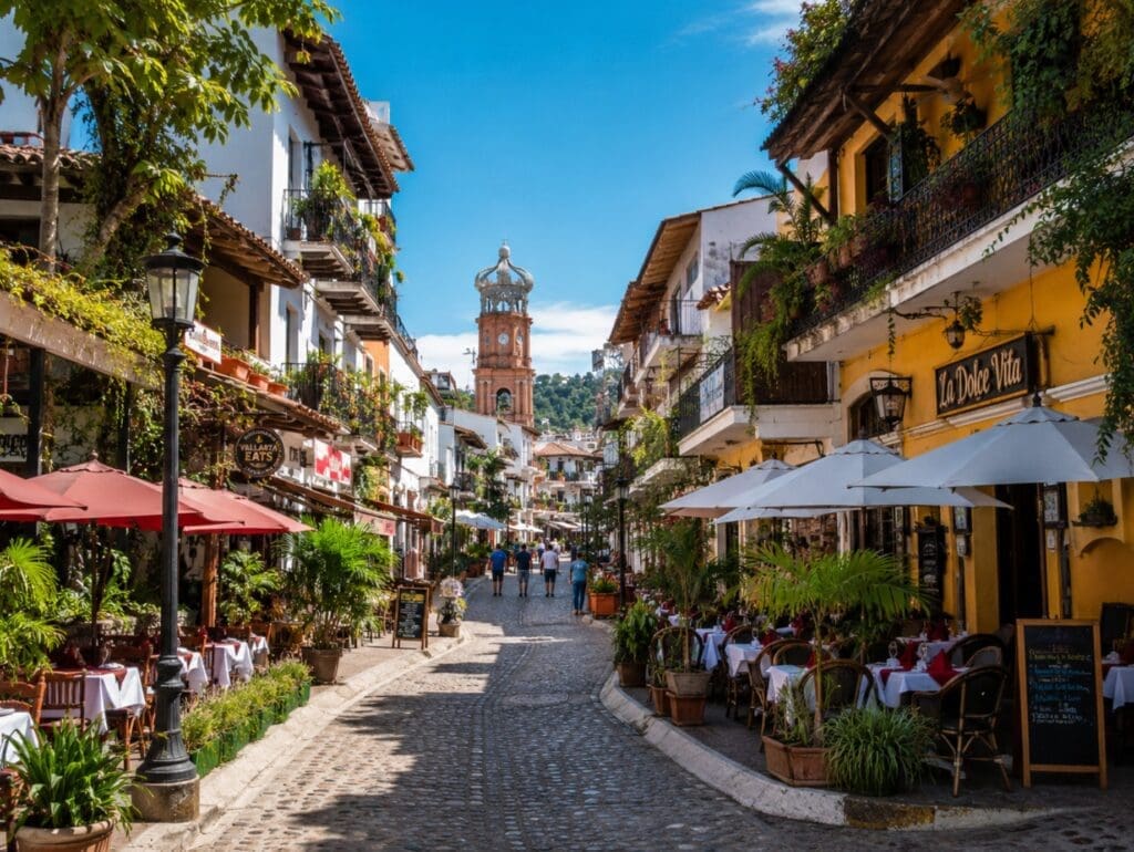 photograph of the Zona Romántica’s cobblestone streets, colorful façades, and outdoor restaurant terraces