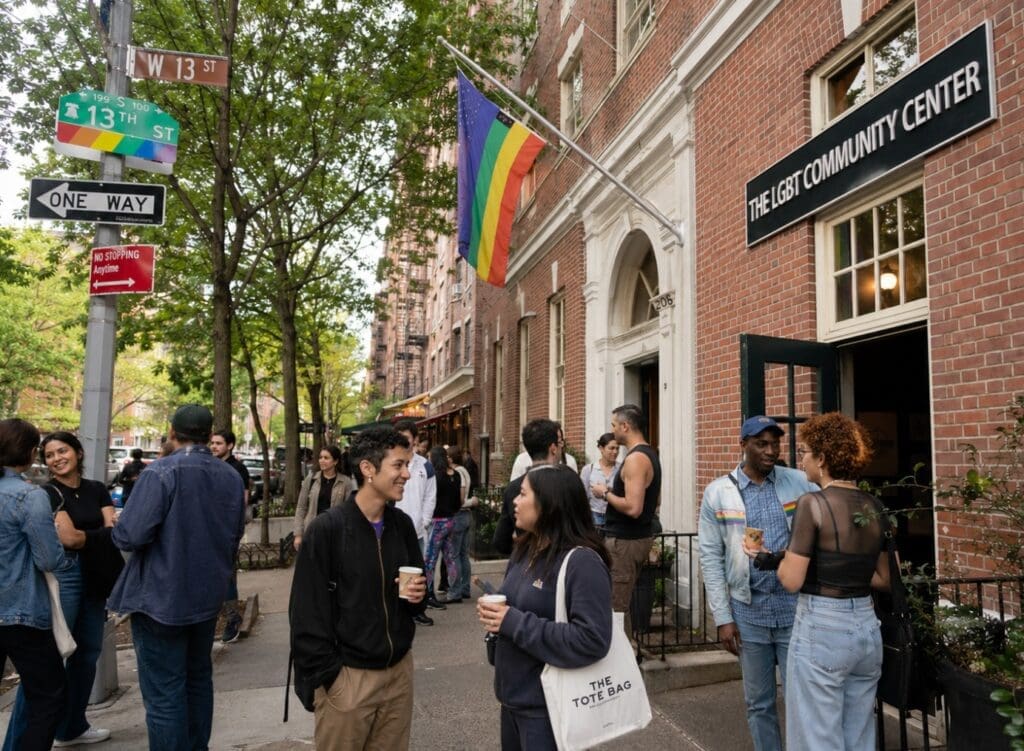 photograph showing queer friends and singles gathering outside the LGBT Community Center in the West Village