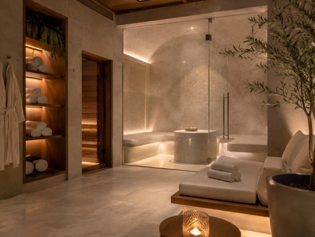 photographie SFW et lumineuse d’un espace de détente avec hammam, bancs et éclairage apaisant