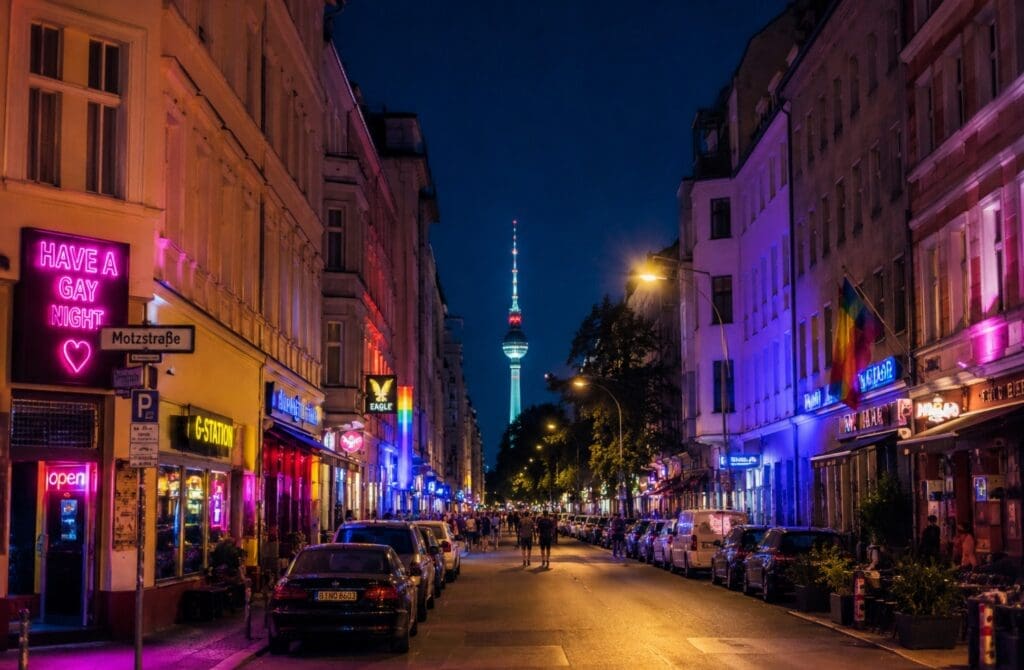 photographie de Motzstraße en soirée, avec façades lumineuses, passants vus de loin et ambiance urbaine