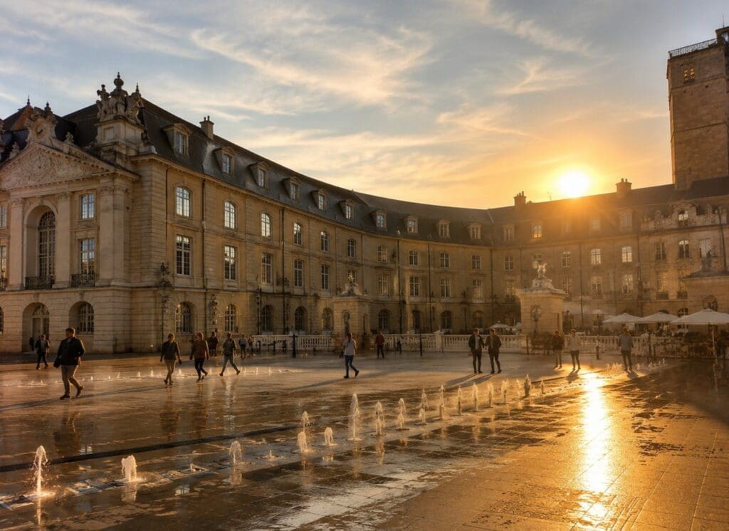 photographie de la place de la Libération au coucher du soleil (Dijon)