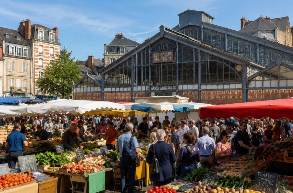 photographie du Marché des Lices un samedi matin, avec les Halles Martenot en arrière-plan (Rennes)