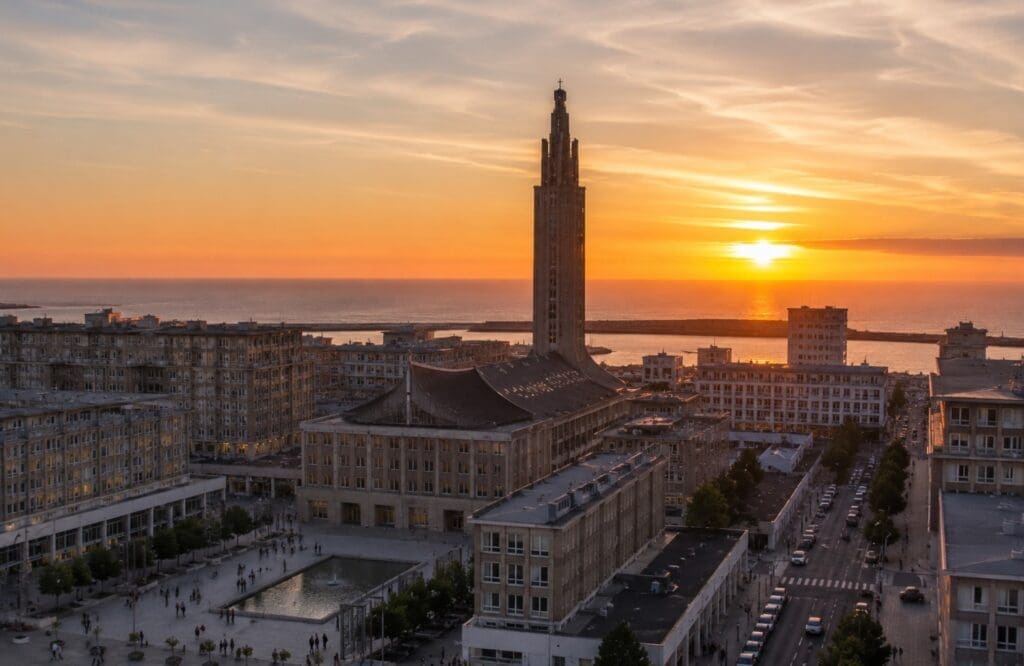 photographie du centre-ville reconstruit et de la tour Saint-Joseph au coucher du soleil