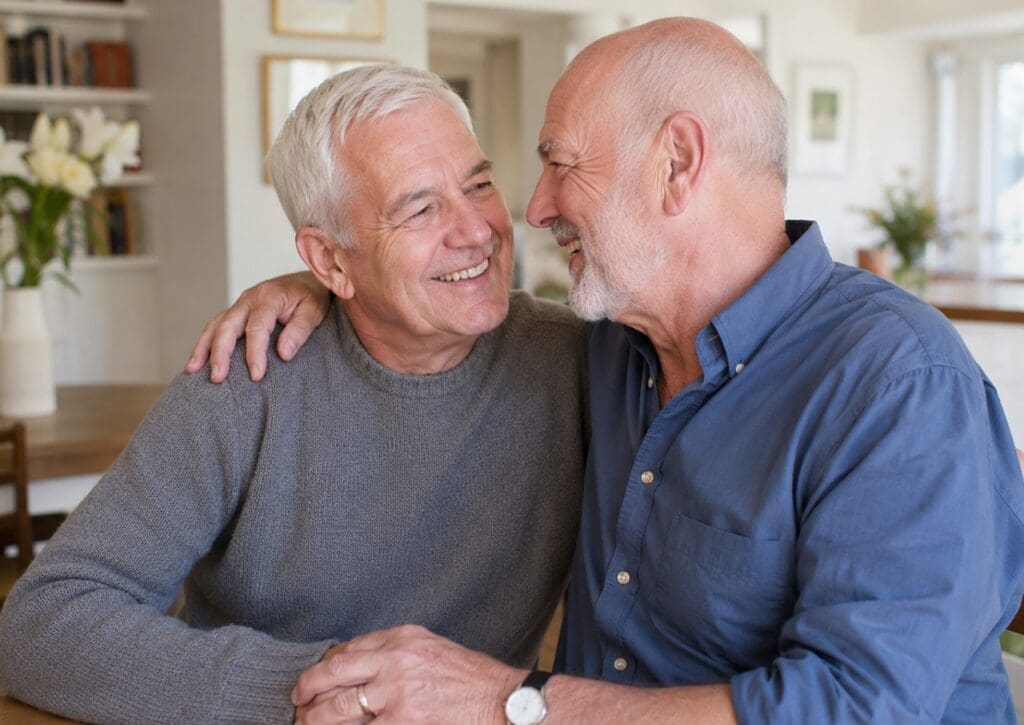 photographie d’un couple gay senior épanoui