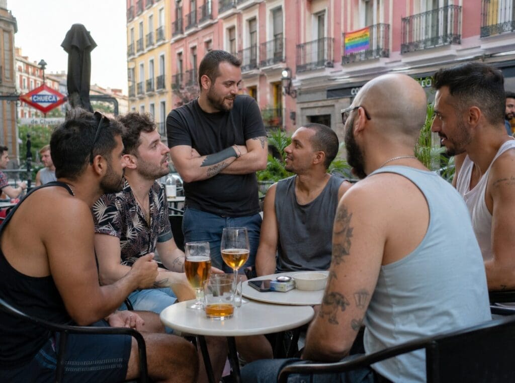 photographie d’un groupe d’amis hommes divers échangeant sur une terrasse de Chueca