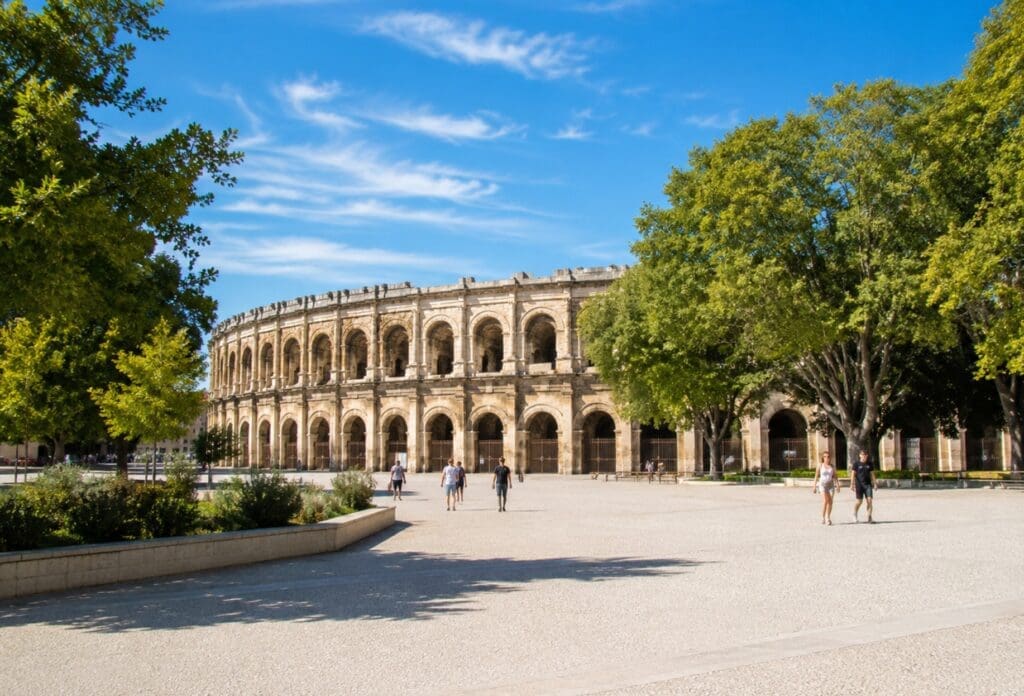 photographie ensoleillée des Arènes de Nîmes, prise depuis l’esplanade Charles-de-Gaulle