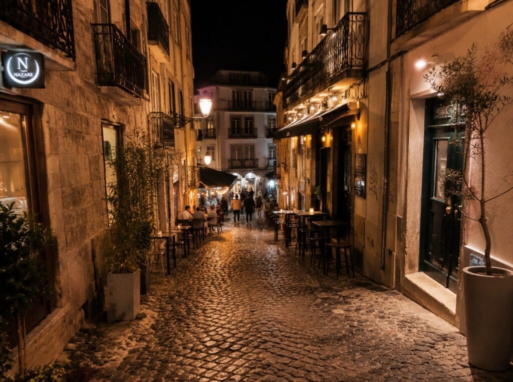 ruelas do Bairro Alto à noite, com luz de bares