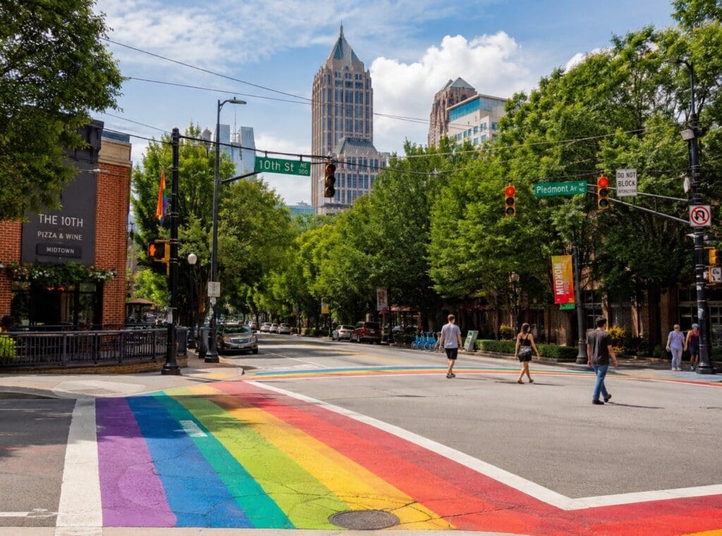 the rainbow crosswalks at the intersection of 10th Street and Piedmont Avenue, showing pedestrians, leafy streets, and the Midtown skyline.
