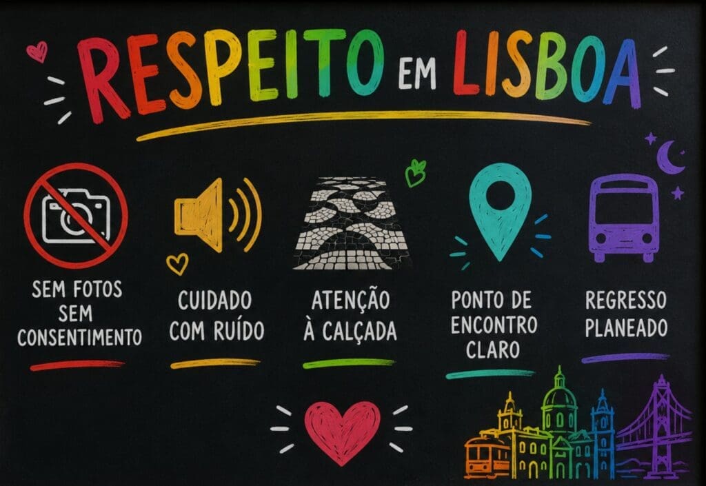 um quadro “Respeito em Lisboa: sem fotos sem consentimento, cuidado com ruído, atenção à calçada, ponto de encontro claro, regresso planeado”