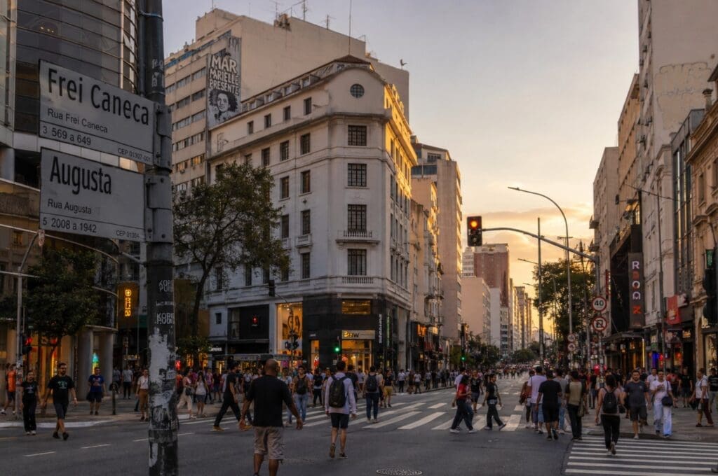 uma fotografia da Rua Frei Caneca et da Rua Augusta no fim da tarde, com fachadas urbanas e movimento de pedestres