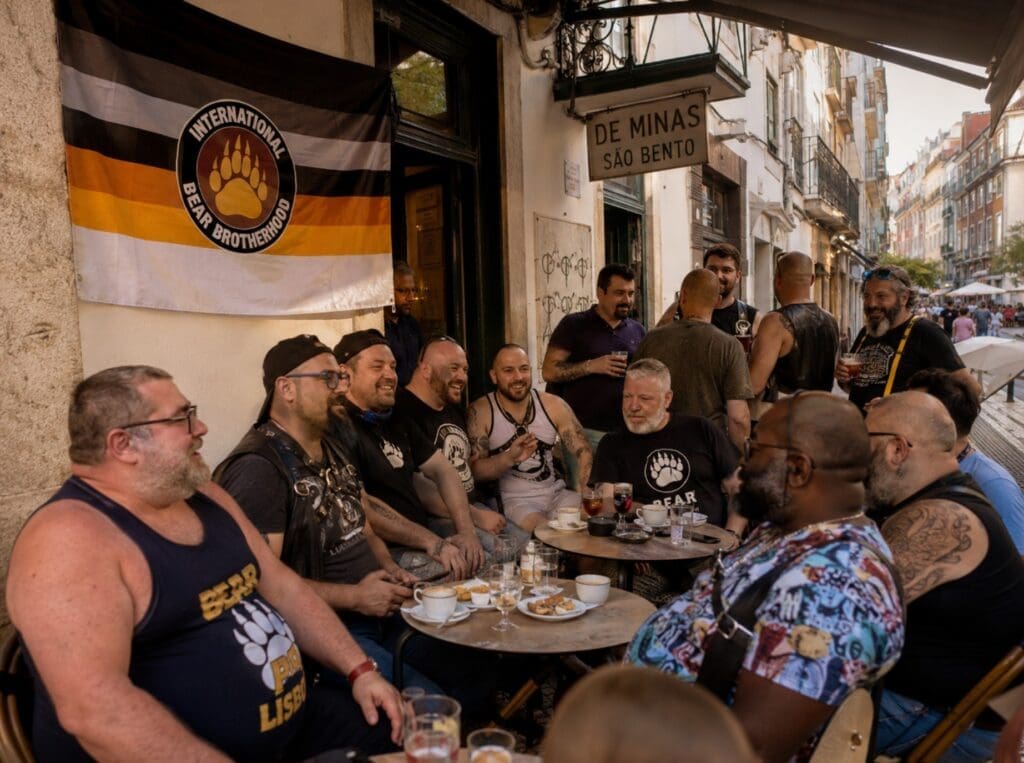 uma fotografia da bandeira bear numa esplanada de Lisboa, com um grupo diverso de amigos a conversar