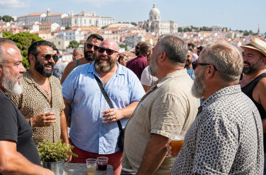 uma fotografia de amigos bear num evento diurno em Lisboa, com roupa de verão, bebidas sem destaque de marcas e a cidade ao fundo
