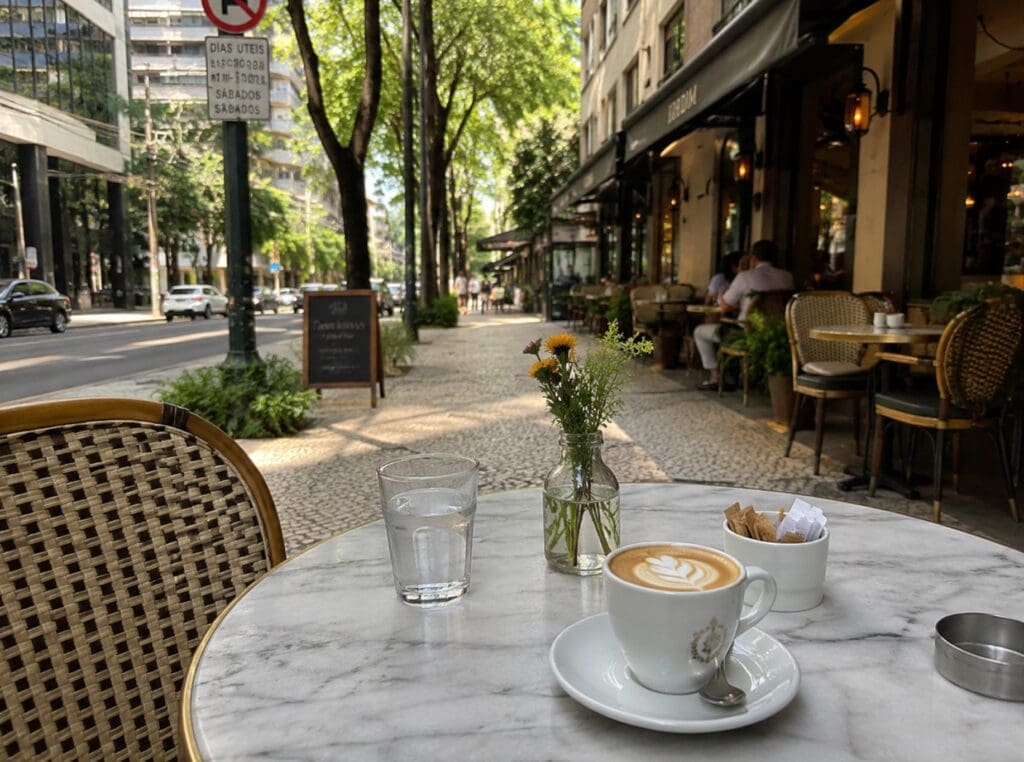 uma fotografia de um café nos Jardins, com mesa externa, árvores e atmosfera urbana (sao paulo)