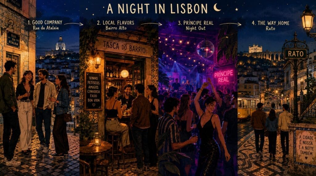uma ilustração : “Noite em Lisboa: conversa no passeio, bar pequeno, clube no Príncipe Real, regresso pelo Rato”