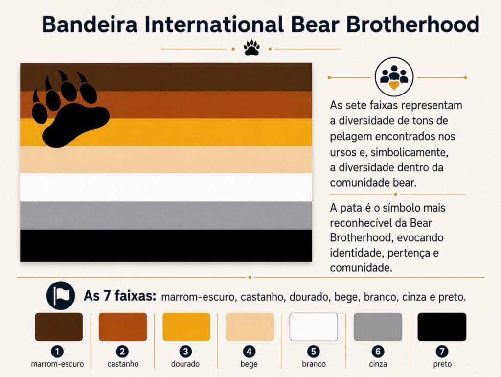 uma ilustração da International Bear Brotherhood Flag, acompanhada de uma legenda sobre as sete faixas e a pata