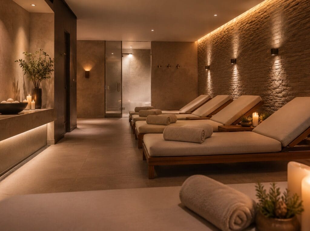 uma zona de spa vazia, com luz quente, toalhas dobradas e ambiente de bem-estar
