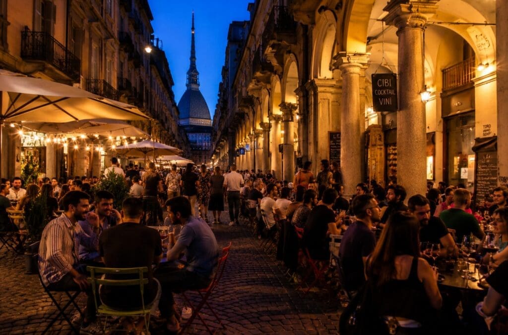 un aperitivo serale nel Quadrilatero Romano, con portici, tavolini e gruppi di amici
