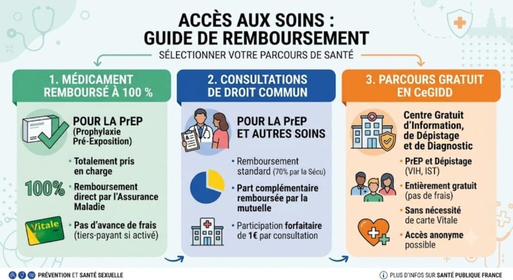 un encadré graphique distinguant clairement : médicament remboursé à 100 %, consultations de droit commun et parcours gratuit en CeGIDD