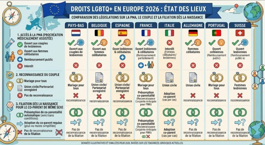 un graphique comparant, pour chaque pays, l’accès à la PMA, la reconnaissance du couple et la filiation dès la naissance