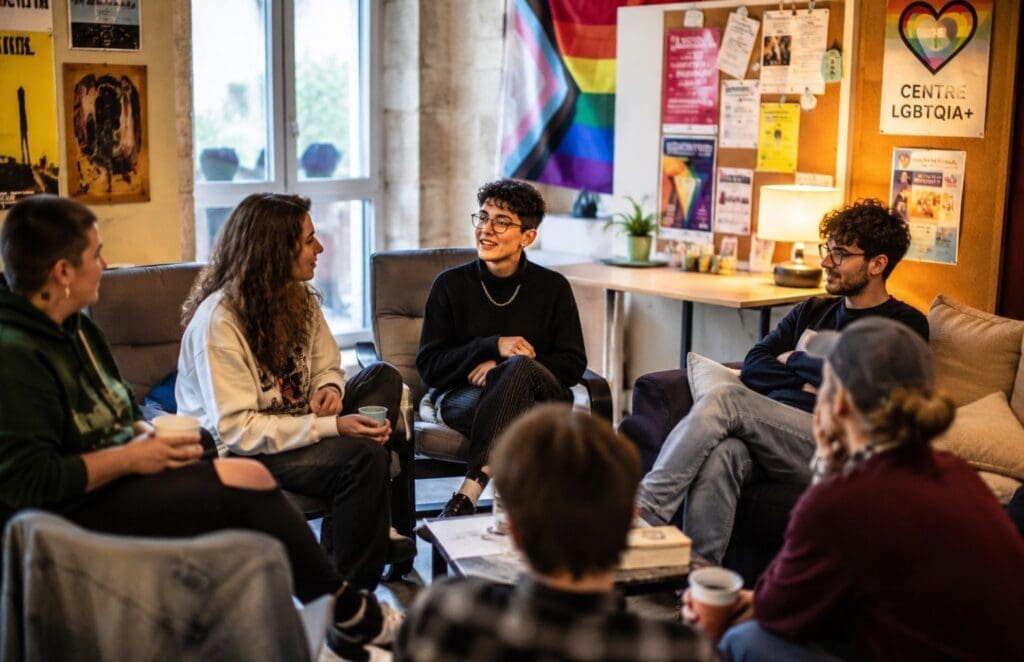 un portrait documentaire de jeunes adultes LGBTQ+ discutant dans un lieu associatif rémois