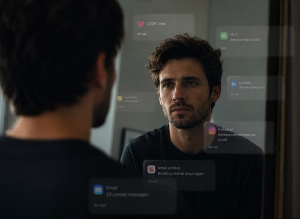 un visuel sobre montrant un homme devant un miroir, entouré de notifications floues