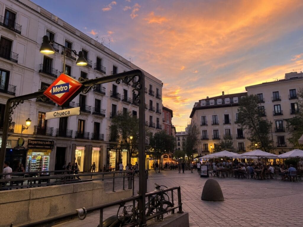 Plaza de Chueca al atardecer, con terrazas, fachadas madrileñas y ambiente urbano