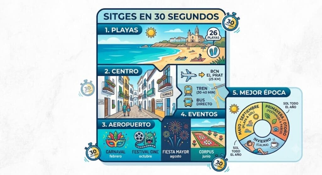 una caja visual “Sitges en 30 segundos”: playas, centro, aeropuerto, eventos y mejor época