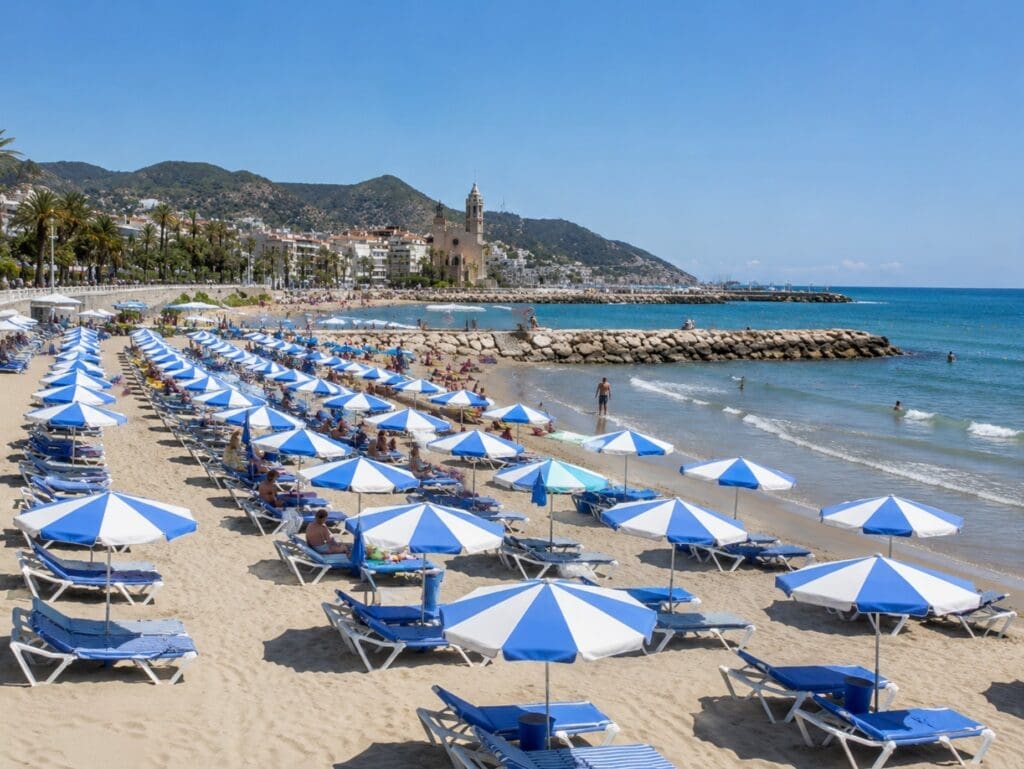 una fotografía de Bassa Rodona con sombrillas, mar tranquilo y paseo al fondo (Sitges)