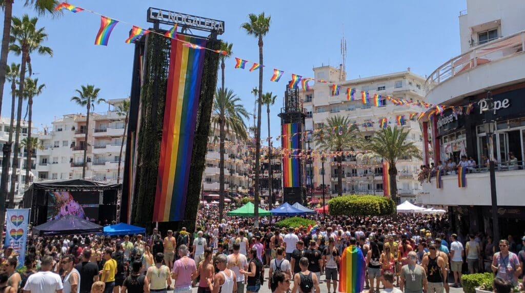 una fotografía de banderas arcoíris en Plaza de La Nogalera durante el Pride