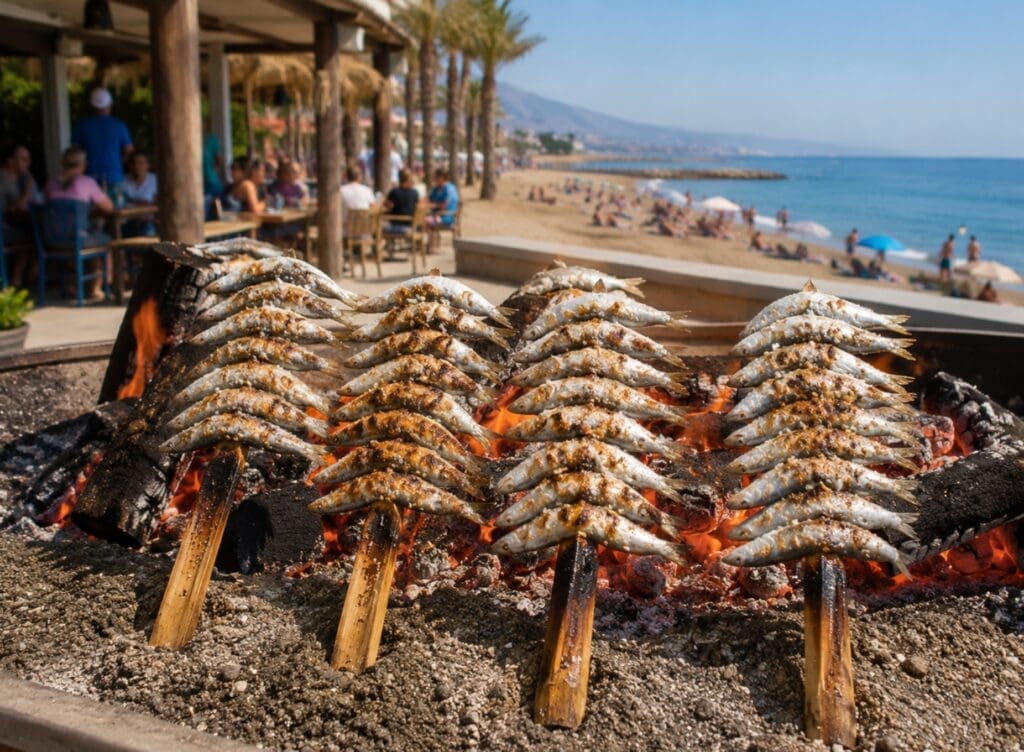 una fotografía de espetos de sardinas en un chiringuito del Bajondillo