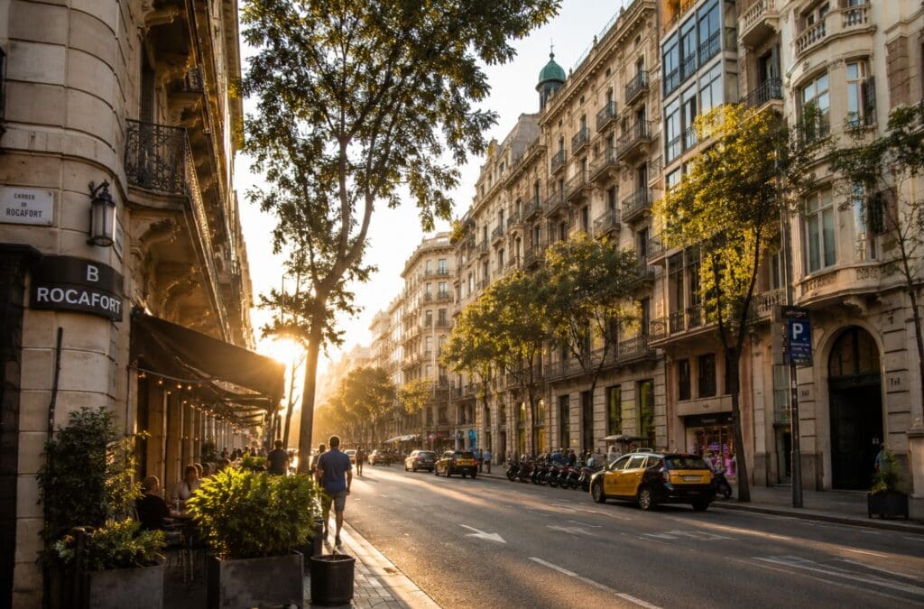una fotografía de la zona de Rocafort o Diputació, con arquitectura urbana y luz de tarde