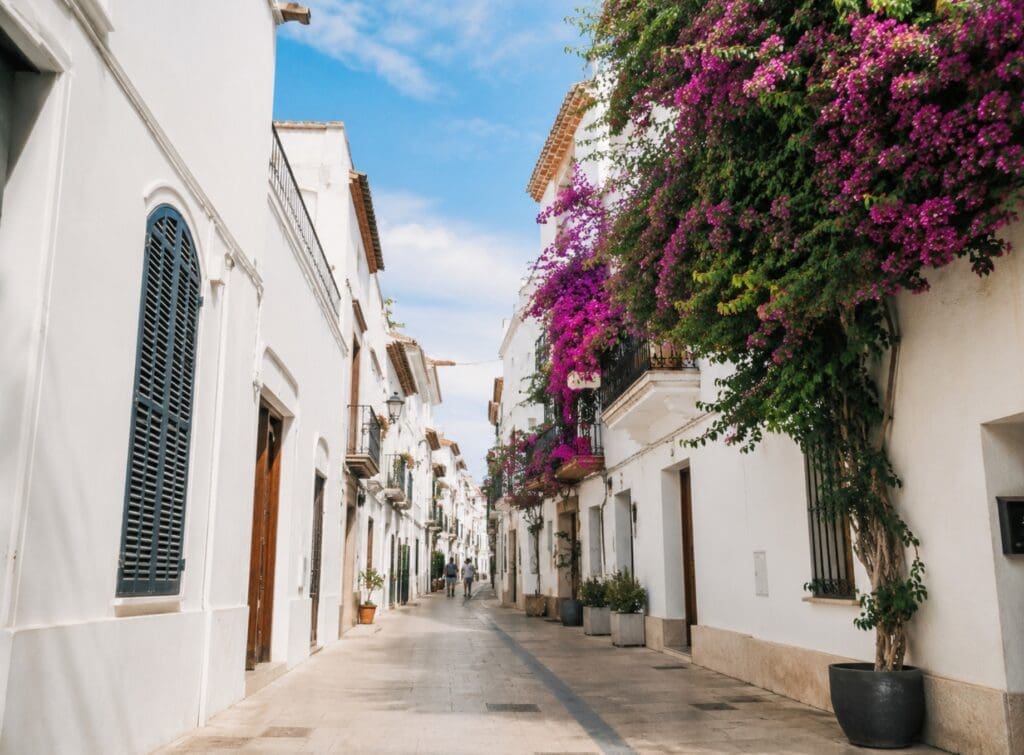 una fotografía de una calle blanca del centro histórico de Sitges con balcones y buganvillas