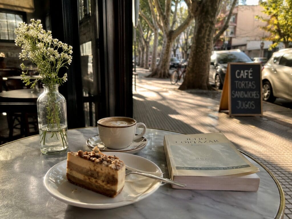 una fotografía de una mesa de café en Palermo, con una porción de torta, un libro y luz de tarde (Buenos aires)