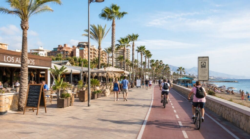 una fotografía del paseo marítimo con palmeras, bicicletas y chiringuitos