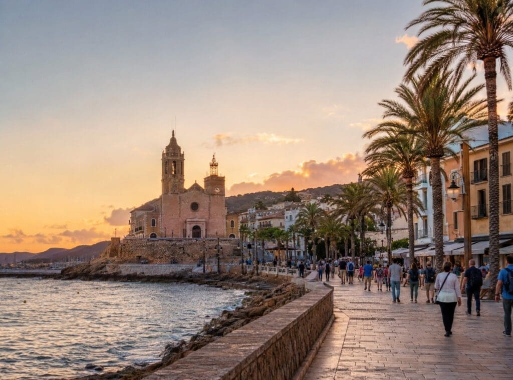 una fotografía del paseo marítimo de Sitges al atardecer, con la iglesia, palmeras y grupos diversos caminando junto al mar