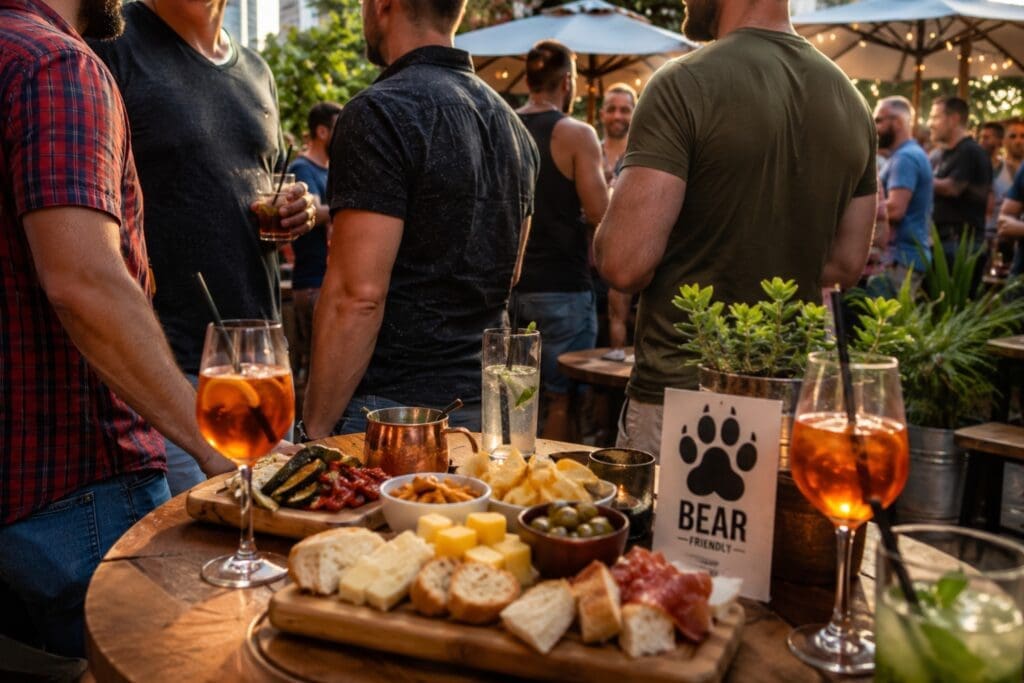  una fotografia di un aperitivo bear-friendly, con persone sorridenti e nessun volto riconoscibile in primo piano