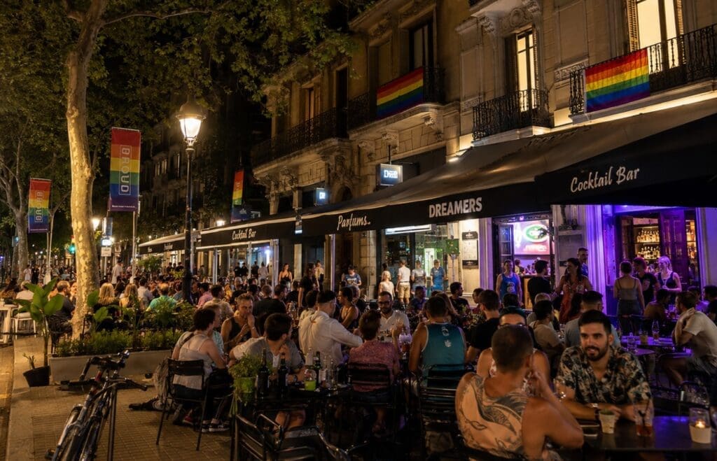 una fotografía nocturna del Gaixample con terrazas llenas y banderas arcoíris
