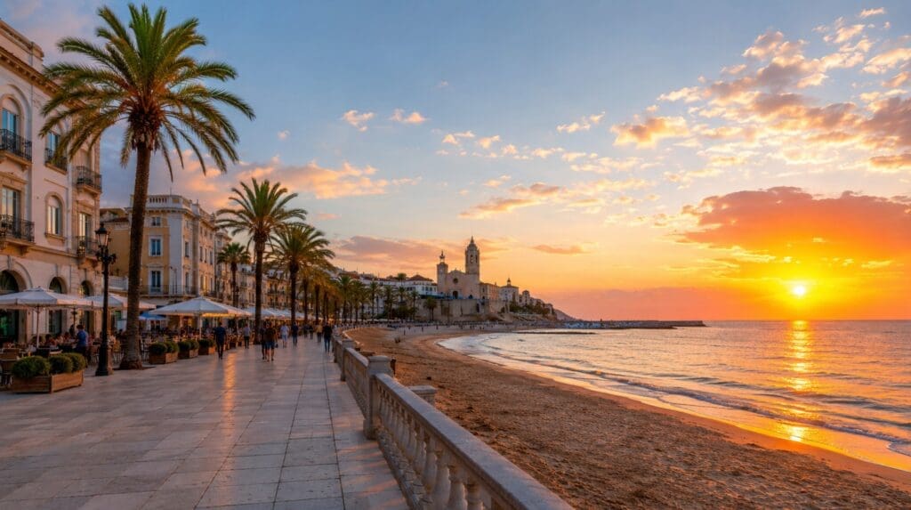 una fotografía panorámica y luminosa del Paseo Marítimo de Sitges al atardece