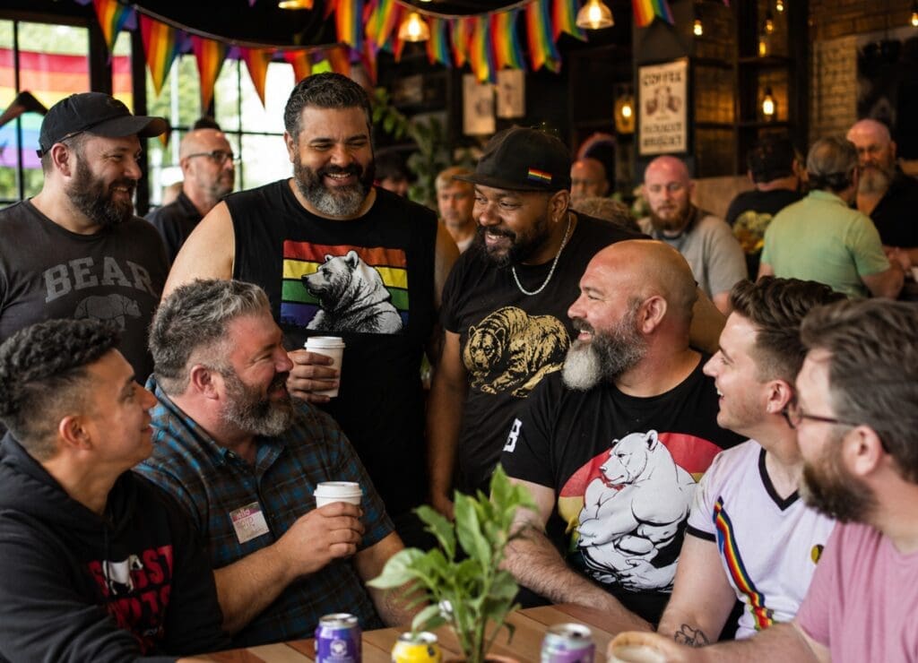 una fotografia vibrante di un gruppo eterogeneo di uomini sorridenti a un evento della comunità Bear